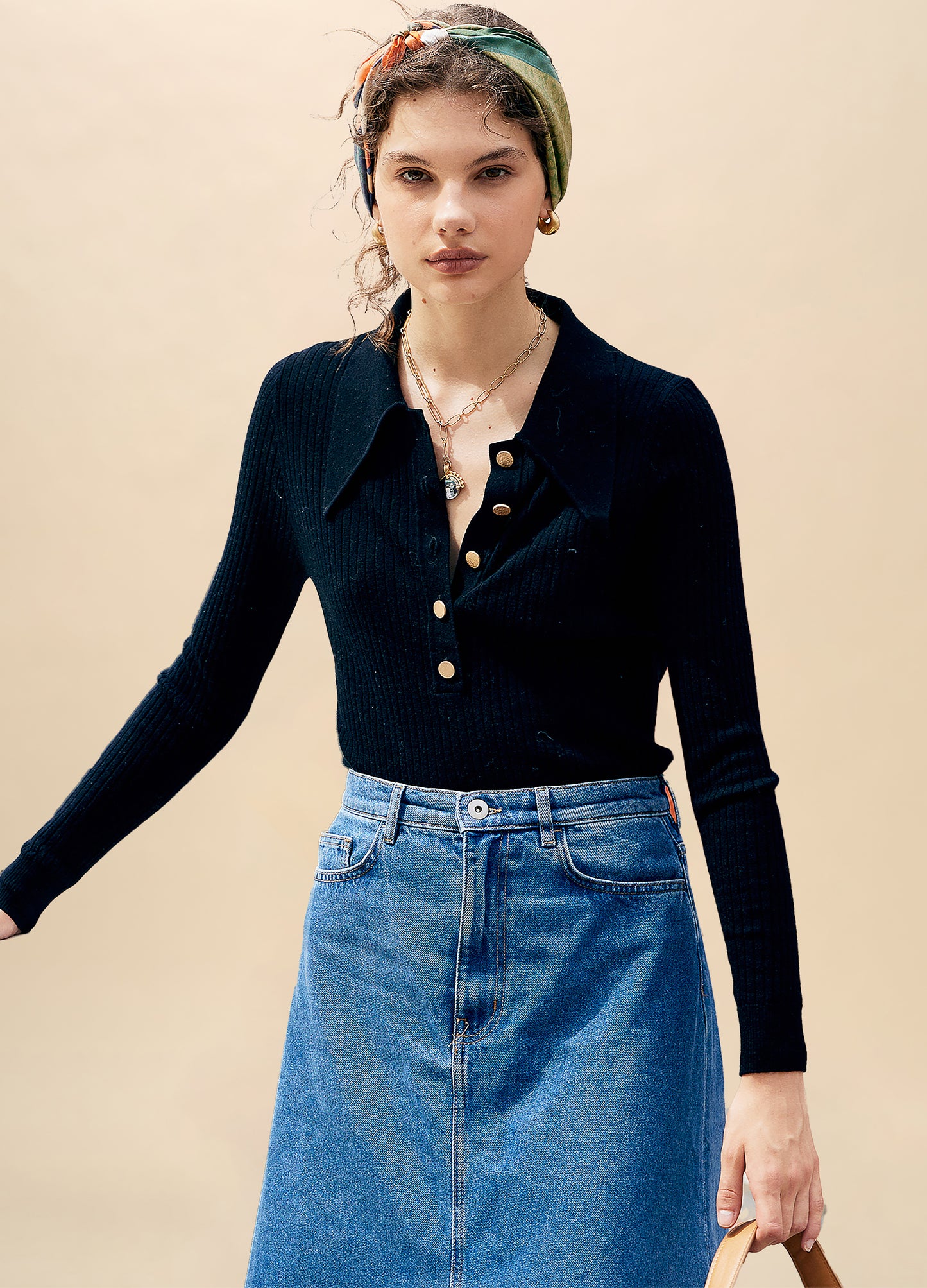 Buttoned Wool Knit with Semi-Open Collar