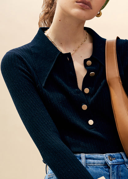 Buttoned Wool Knit with Semi-Open Collar