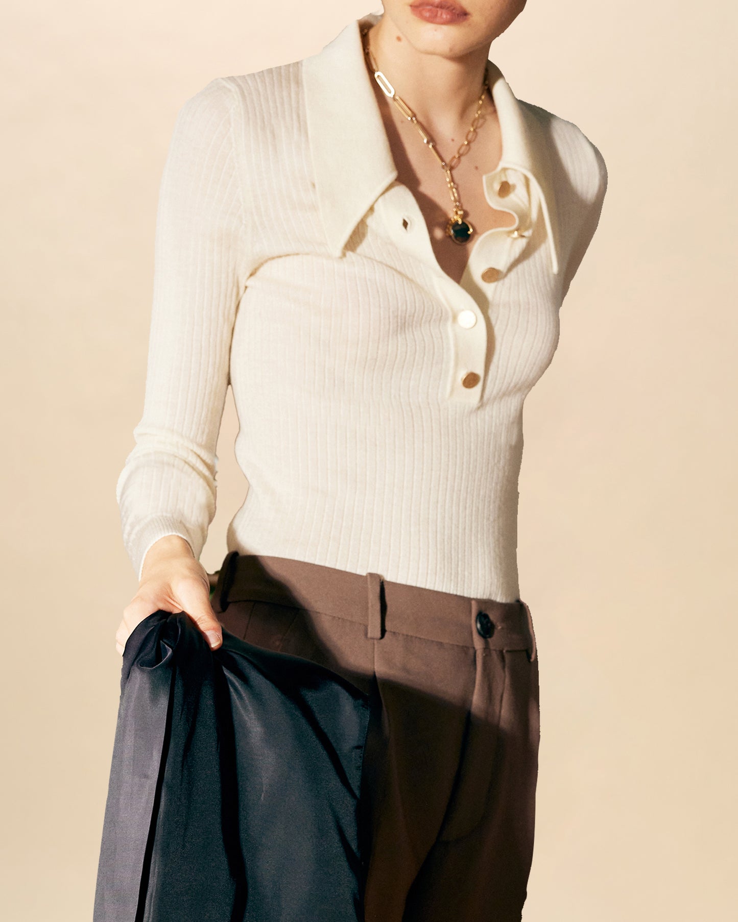 Buttoned Wool Knit with Semi-Open Collar