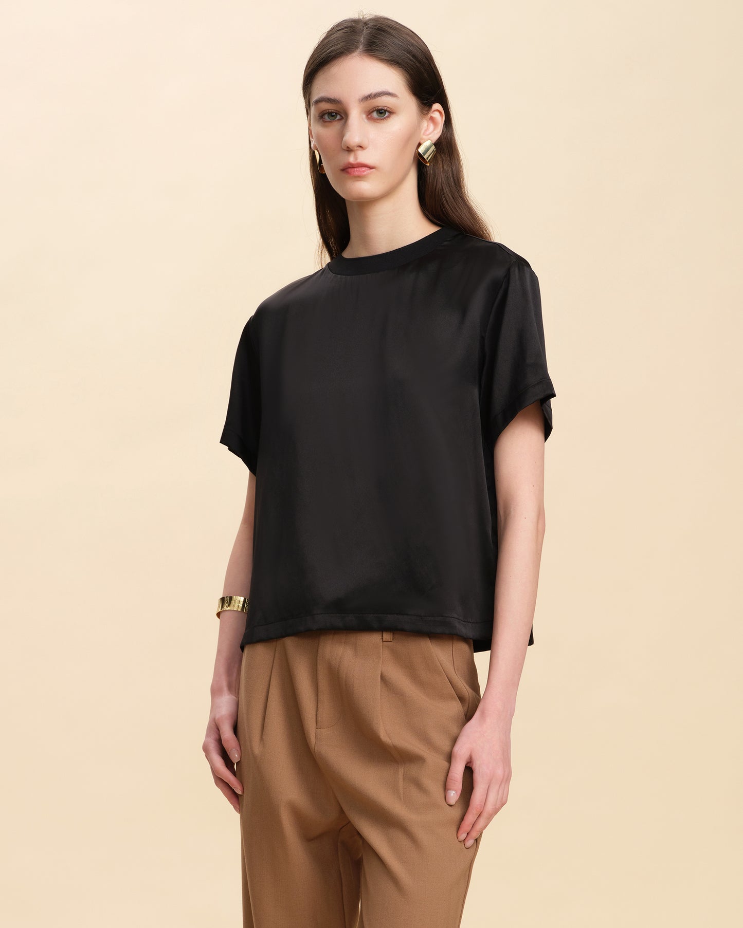 Silk Double Georgette Round Neck Short Sleeve Top