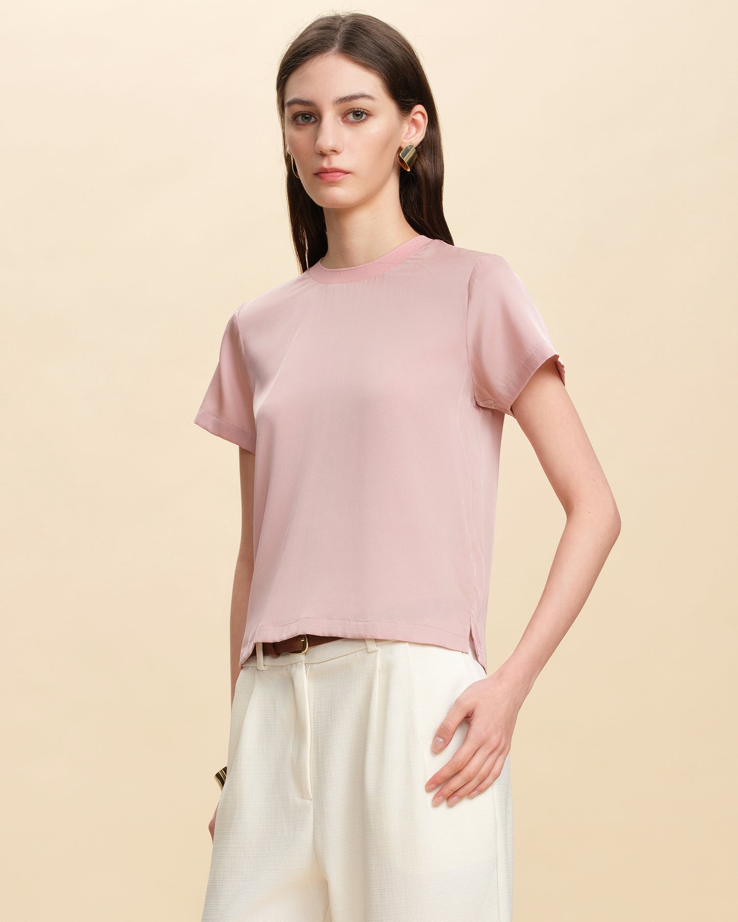 Silk Double Georgette Round Neck Short Sleeve Top