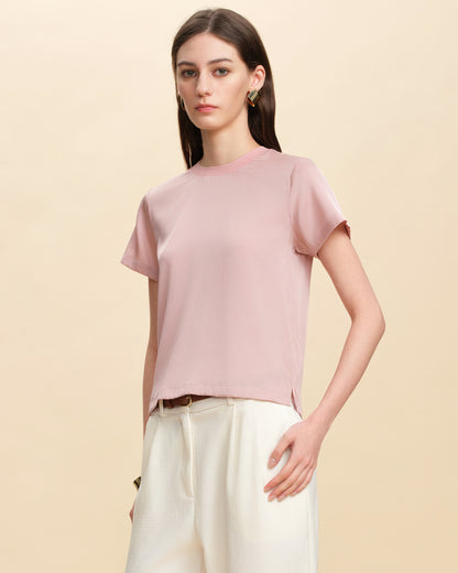 Silk Double Georgette Round Neck Short Sleeve Top