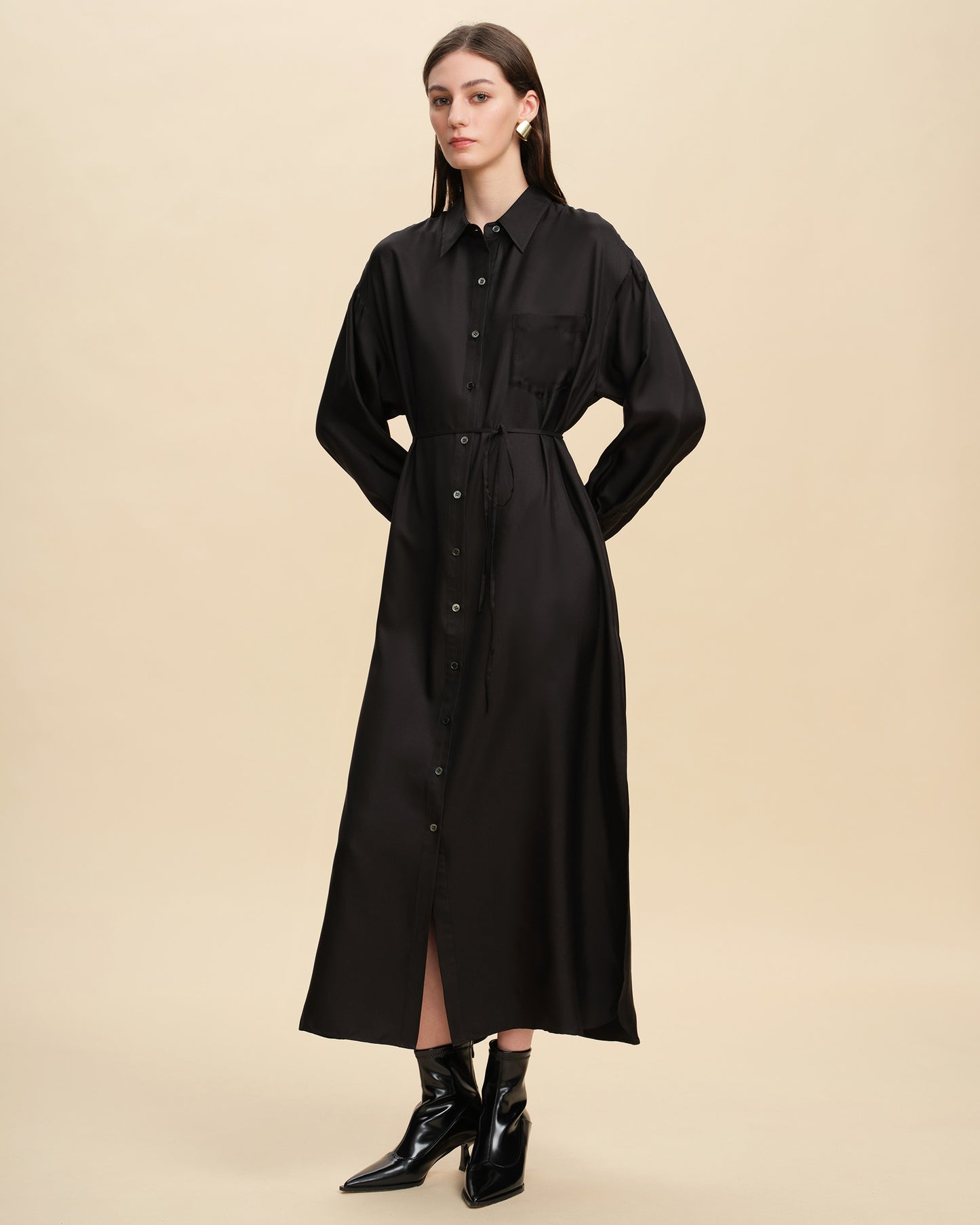 Oversized Silk Twill Batwing Shirt Dress